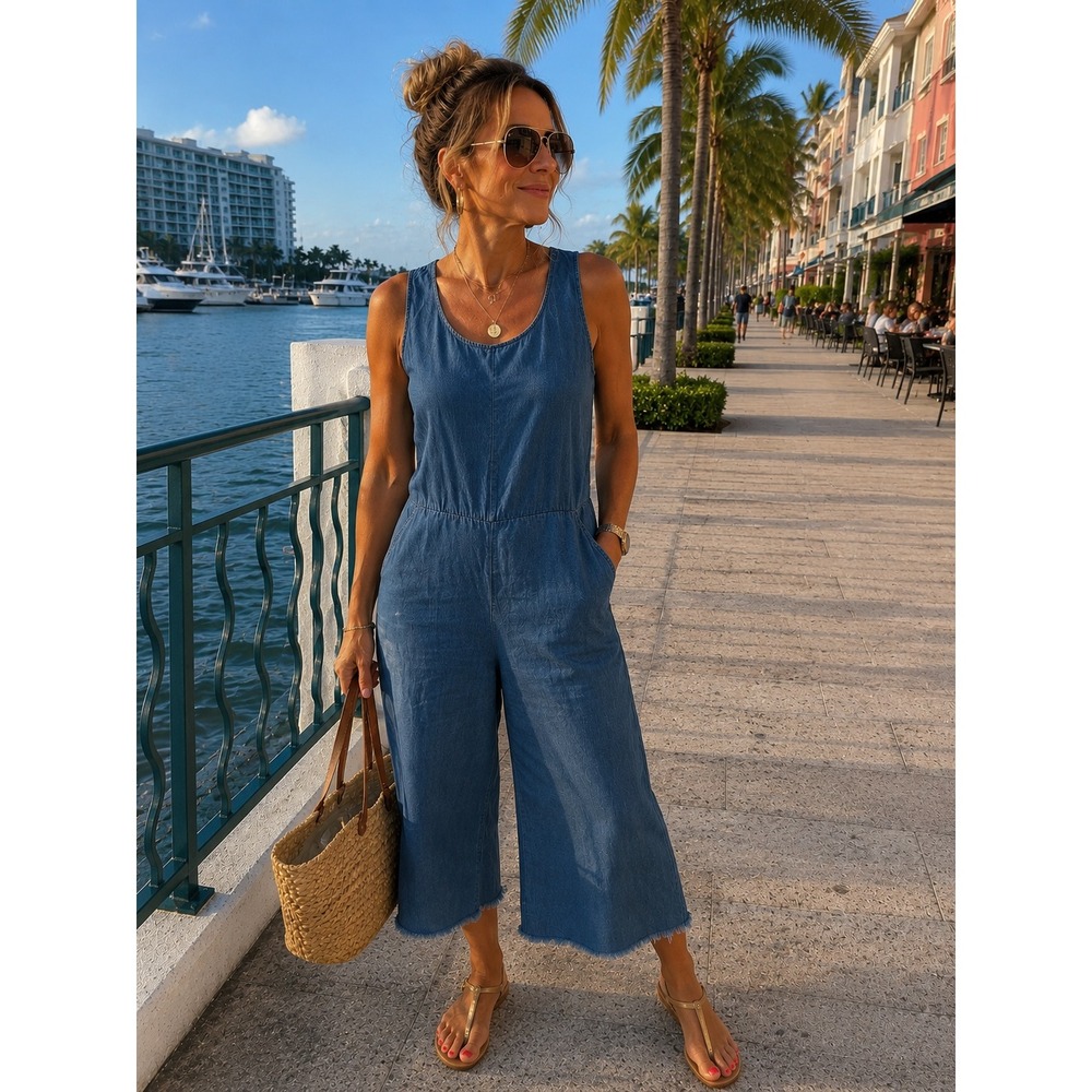 Soho Jeans Chambray Jumpsuit Womens L Blue Excellent Wide Leg Raw Hem Sleeveless